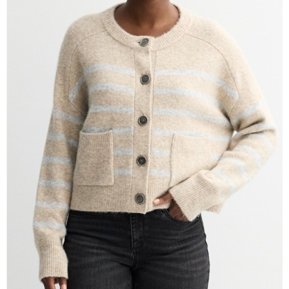Women Cardigan Brown-White Striped Button Front Loose Semi Cropped Relax Fit S